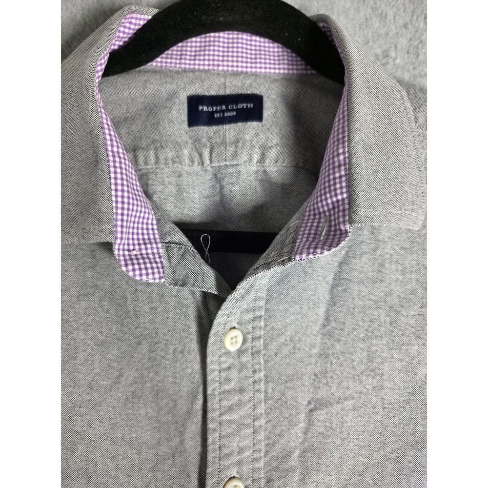 Proper Cloth Mens Grey Oxford Cotton Button Down Shirt Purple Gingham Trim 15H